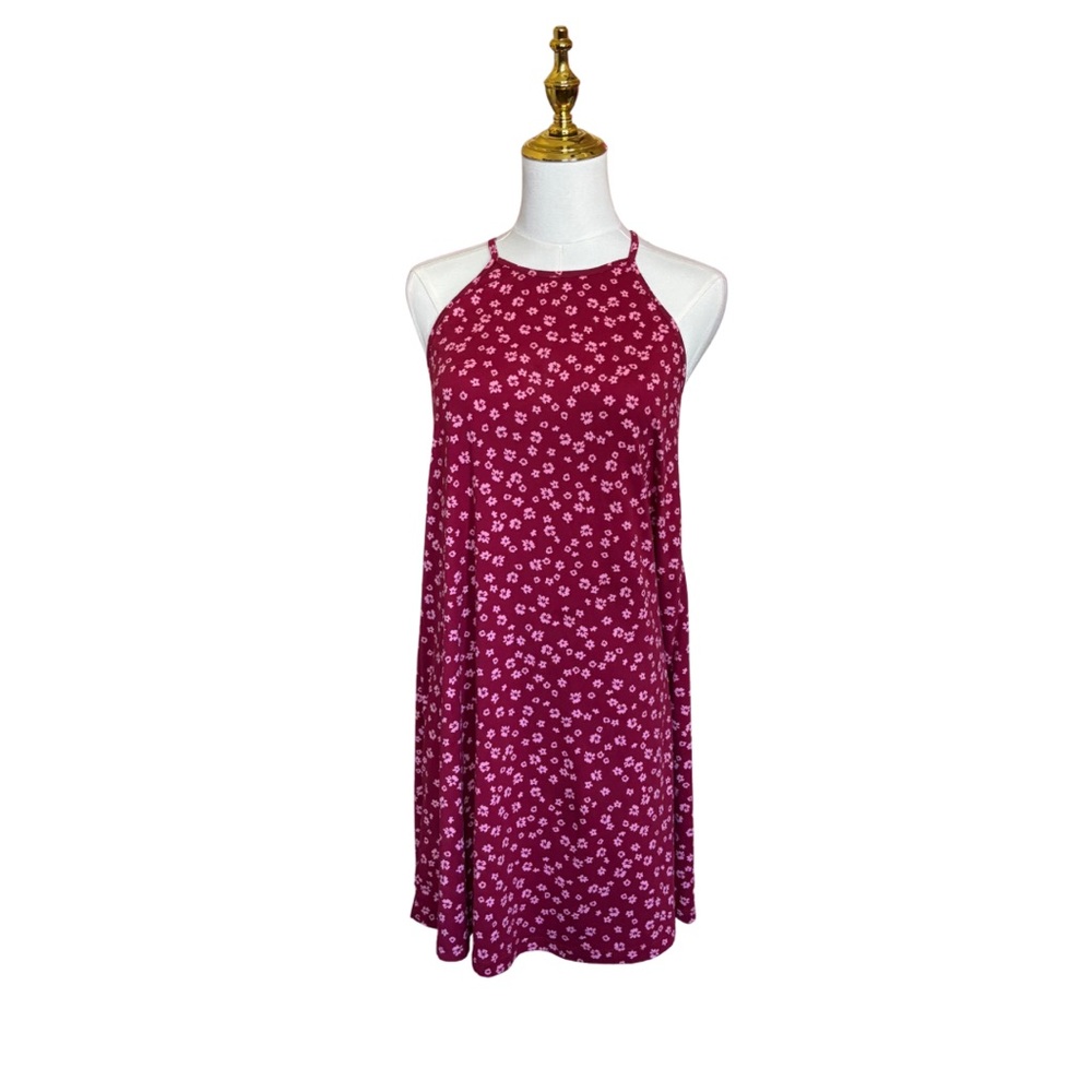 French Grey Maroon Floral Casual Dress